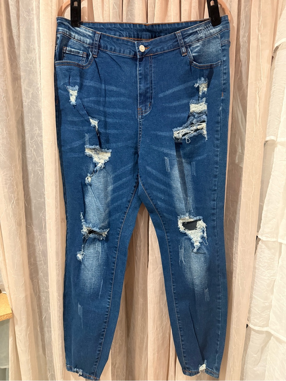 Women’s Dark Blue Distressed Jeggings - Stretch Ripped Skinny Jeans